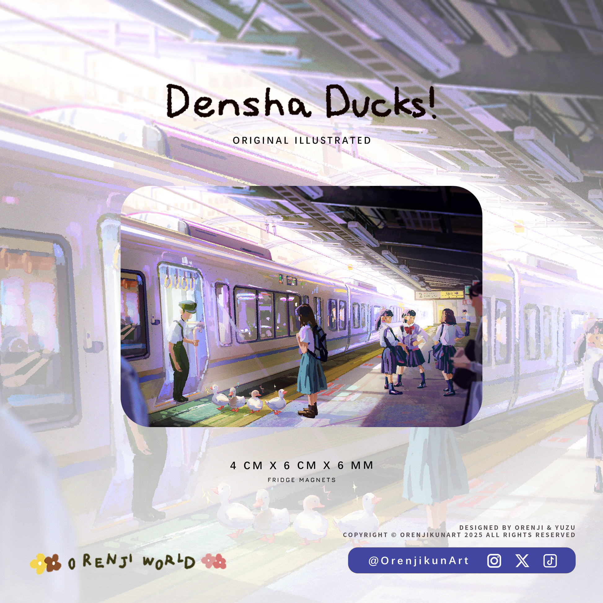 Promotional image for 'Densha Ducks!' with a train and people on a platform, featuring Orenji World branding.