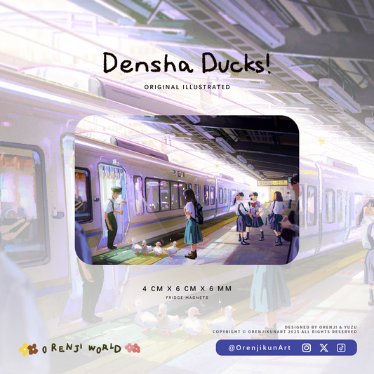 Promotional image for 'Densha Ducks!' with a train and people on a platform, featuring Orenji World branding.