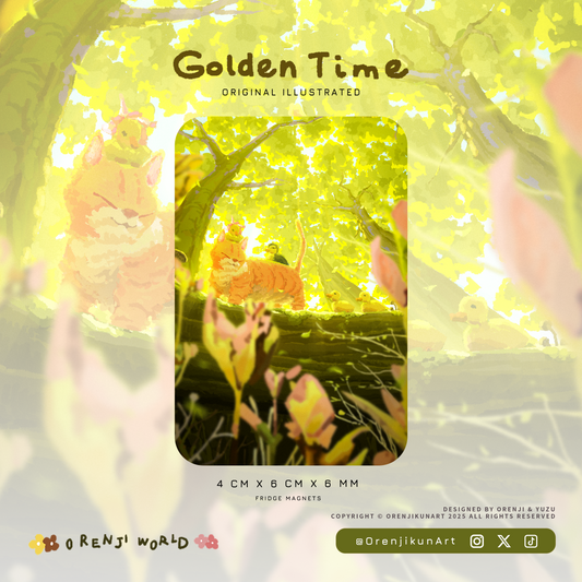 Fridge magnet packaging with illustration of a tiger and text 'Golden Time' by Orenji World.